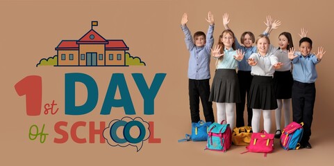 Wall Mural - Group of children with backpacks waving hands on beige background. First day of school