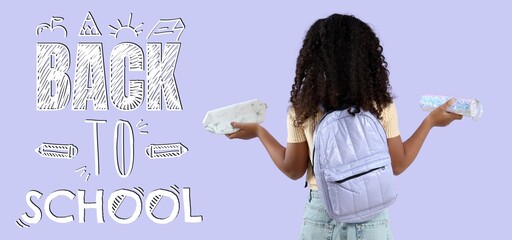 Sticker - Cute African-American student on lilac background. Back to school