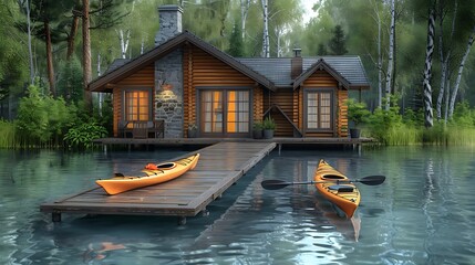 Wall Mural - serene lakehouse retreat with a wooden dock and kayaks floating on the water cut out on an isolated minimalistic background