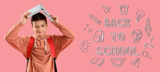 Poster - Portrait of boy with backpack and book on pink background. Back to school