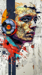 a graffiti abstract portraits, with geometric shapes and digital elements, in the style of collage-l