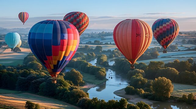 stunning aerial view of colorful hot air balloons floating over picturesque countryside landscapes cut out on an isolated minimalistic background
