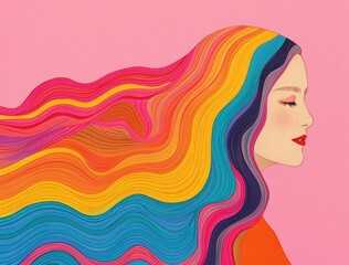 Wall Mural - Colorful hair beauty vibrant illustration of a woman's face on pink background with long, flowing hair