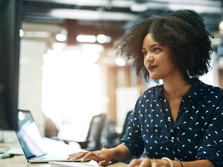 Aufkleber - Woman, typing and desk for working in office, keyboard and laptop for journalist, research and writing. Workplace, employee and person with computer, planning and project for headline of article