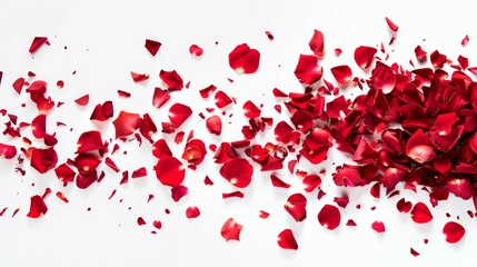 Poster - A white background with red flower petals scattered all over it, rose