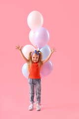 Poster - Cute little girl with beautiful balloons on pink background