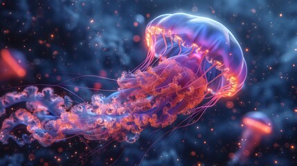 Wall Mural - A jellyfish is floating in the ocean with a purple and orange glow