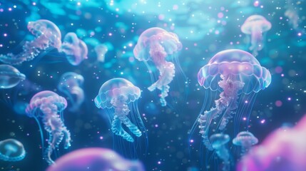 Wall Mural - A group of jellyfish are floating in the ocean