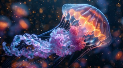 Wall Mural - A jellyfish with pink and orange tentacles is floating in the water