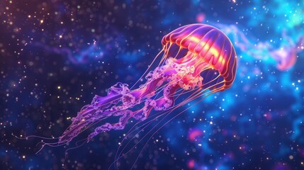 Wall Mural - A jellyfish is floating in the sky with a blue background