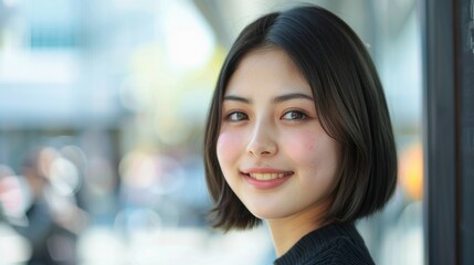 Wall Mural - A woman with a short haircut and a black sweater is smiling, Bob hairstyle