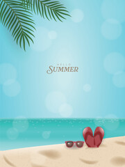 Wall Mural - Summer Beach with flip-flops, sunglasses and palm leaves