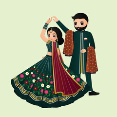 Sticker -  Wedding invitation card the bride and groom cute couple in traditional indian dress cartoon character