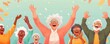 © Ratchada - Group of seniors in a laughter yoga session, Joy and health, Illustration, Playful and colorful