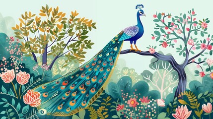 Wall Mural - Mughal garden with peacock bird arch illustration for invitation