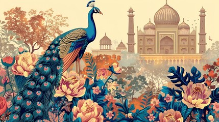 Wall Mural - Mughal garden with peacock bird arch illustration for invitation