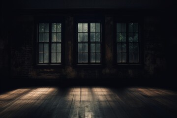 Dimly lit, old wooden room with three large windows casting soft light inside. Atmospheric and moody vintage interior scene.