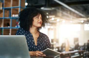 Fototapete - Thinking, laptop and business woman with tablet in office for planning, solution and project idea research. Why, brainstorming and consultant at digital agency for client, feedback or b2b networking