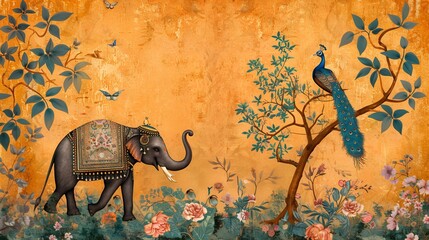 Wall Mural - Mughal decorative garden arch peacock pattern frame with elephant and plants illustration for invitation