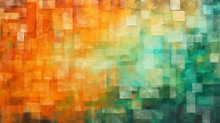 Orange, green color abstract glass square mosaic in grunge style mirror wall texture background banner panorama