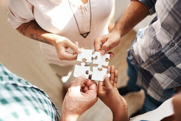 Poster - Hands, team and jigsaw for strategy, solution and circle with collaboration for creativity at startup. People, group and scrum with puzzle for problem solving, solidarity or above for synergy at job