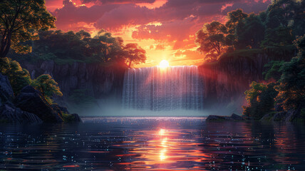 a beautiful landscape, waterfal and trees, sunset colors, vectorial illustration generative ai