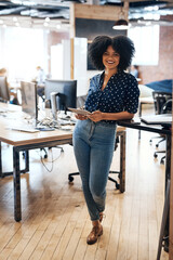 Poster - Work, tablet and portrait of woman with smile for online article, feedback and digital research. Office, employee and writer with tech at creative agency for copywriting, communication and editing