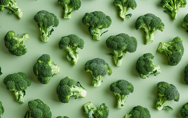 Poster - Fresh green broccoli arrangement on vibrant tablecloth for healthy eating and nutrition concept