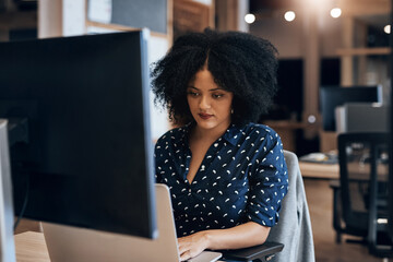 Aufkleber - Woman, typing and serious for working in office, keyboard and laptop for journalist, research and writing. Workplace, employee and person with computer, planning and project for headline of article