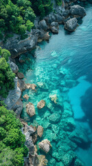 Wall Mural - Create an aerial view image of a tranquil ocean shore where the clear turquoise waters created with Generative AI technology