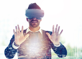 Poster - Overlay, virtual reality and business man with city for metaverse, online networking and cyberworld. Digital, double exposure and worker with hands for user interface, vr simulation and website