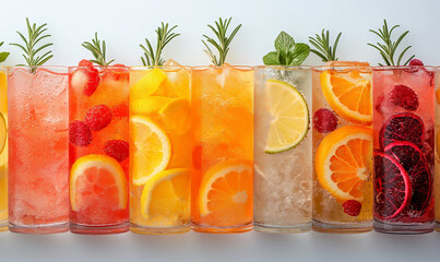 Wall Mural - Drinks with ice and fruits on a white background.