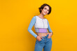 © deagreez - Photo of cute dreamy woman wear top looking empty space smiling isolated yellow color background