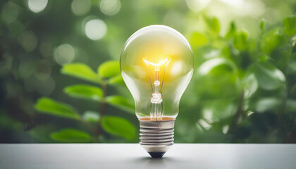 Wall Mural - Bright light bulb on white table with blurred greenery background. Symbolizes energy, creativity, and business innovation