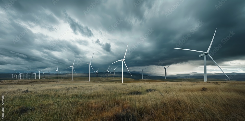 A wind turbine standing tall in the middle of an open field, with ...