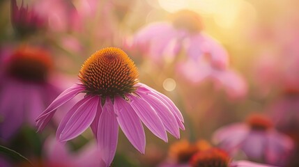 Wall Mural - Close up of vibrant purple coneflower in autumn garden with pink blooms against a sunny backdrop