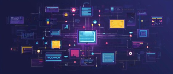 Software development lifecycle detailed flowcharts and coding screens