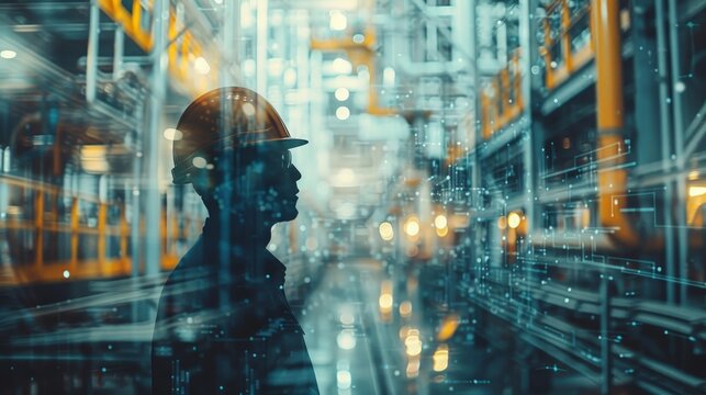 Silhouette of Engineer in Hard Hat Overlaid with Futuristic Digital Interface in Industrial Setting
