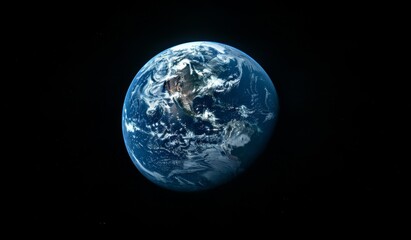 Wide Shot of Earth from Space Against a Dark Background with High Contrast Black and Blue Lighting, Minimalist Design