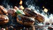 © One_Studio - The image shows a close-up of a group of chocolate donuts with sprinkles being blown by smoke.
