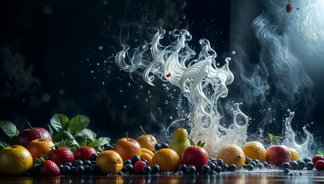  The image depicts a collection of fruits and water splash in background 