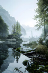 Wall Mural - Water surrounded by trees, mountains, and mist in the forest