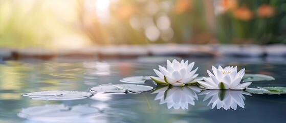 Wall Mural - A serene pond scene with water lilies and lotus flowers in full bloom, their delicate petals floating on the water's surface. flat design, minimalistic shapes with space for text