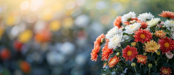 Wall Mural - A charming garden featuring blooming chrysanthemums in various shades of red, yellow, and white, creating a vibrant display. flat design, minimalistic shapes with space for text