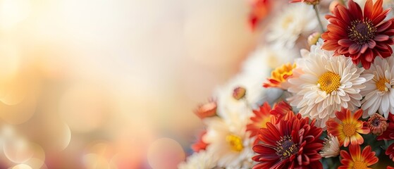 Wall Mural - A charming garden featuring blooming chrysanthemums in various shades of red, yellow, and white, creating a vibrant display. flat design, minimalistic shapes with space for text