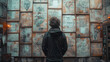 © Novanture - man staring at many product engineering sketches on a wall projecting out as holograms wireframe 3D illustrations created with Generative AI technology