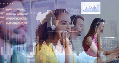 Canvas Print - Image of statistics and data processing over business people using phone headsets