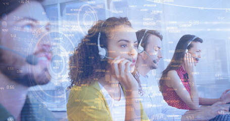 Poster - Image of statistics and data processing over business people using phone headsets