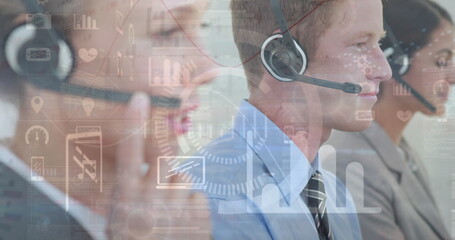 Wall Mural - Image of statistics and data processing over business people using phone headsets