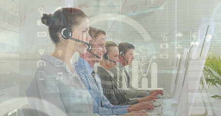 Poster - Image of statistics and data processing over business people using phone headsets